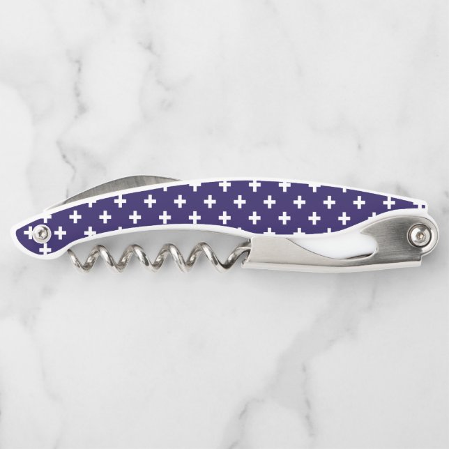 White polka crosses on navy blue corkscrew (Back)