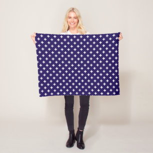 White polka crosses on navy blue fleece blanket
