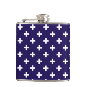 White polka crosses on navy blue hip flask