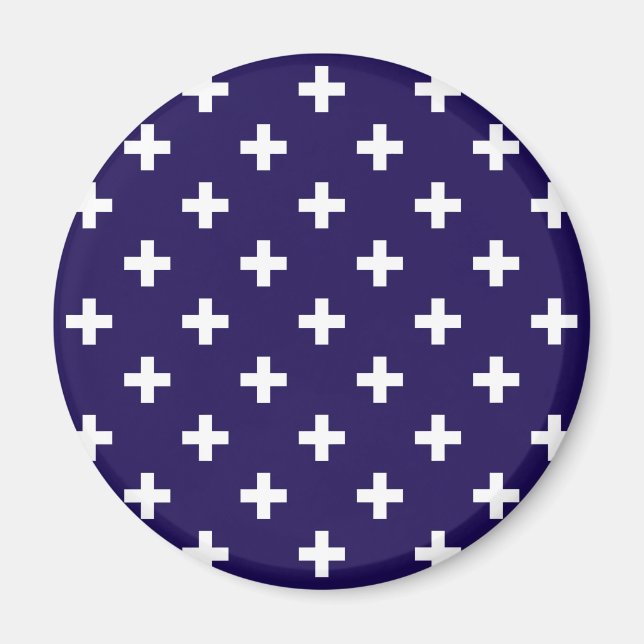 White polka crosses on navy blue magnet (Front)