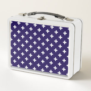 White polka crosses on navy blue metal lunch box