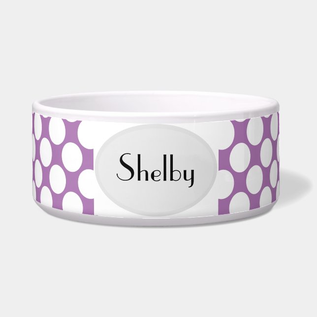 White Polka Dot Ceramic Dog Food Bowl - HAMbWG (Front)