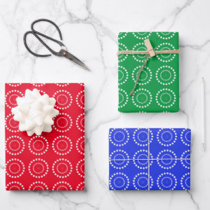 White Polka Dot on Red, Blue, Green Wrapping Paper Sheet