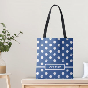 White Polka-Dot Paw Prints Blue Personalise Tote Bag