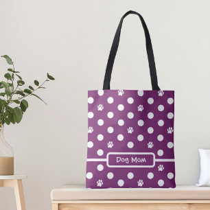 White Polka-Dot Paw Prints Purple Personalize Tote Bag