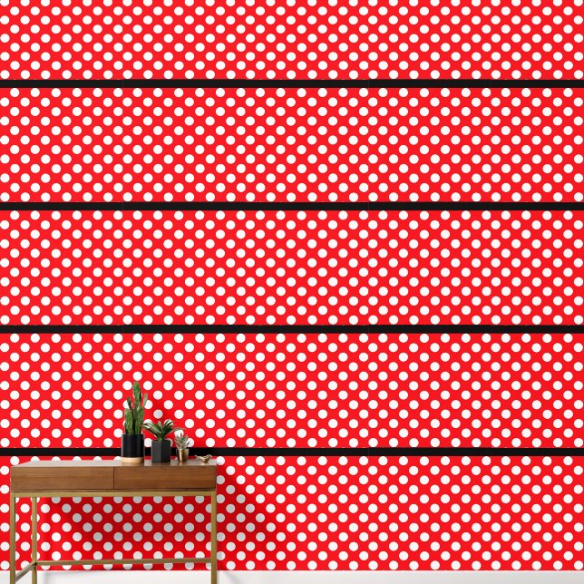 White Polka Dot Red Black Peel and Stick Wallpaper (Hallway)