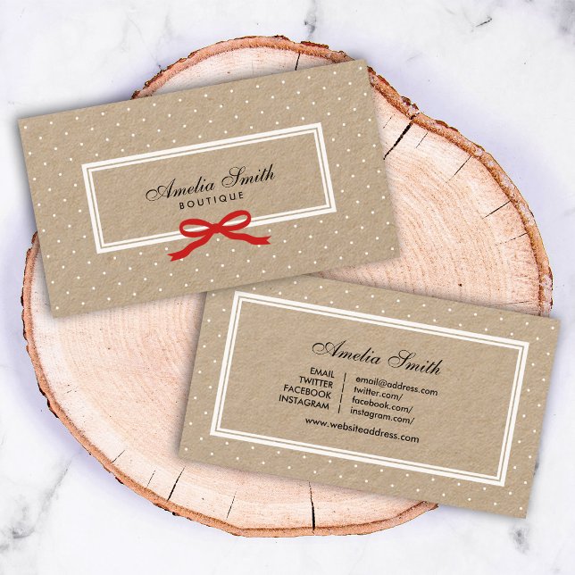 White Polka Dot Red Ribbon Social Media Kraft Business Card (Creator Uploaded)