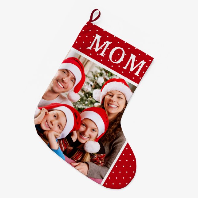 White Polka Dot Snow Family Photo Mum Large Christmas Stocking (Front (Hanging))