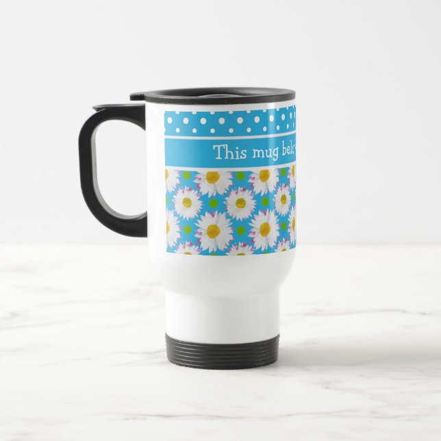 White Polka Dots and Daisies on Sky Blue Travel Mug (Left)
