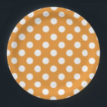 White polka dots on amber paper plate<br><div class="desc">White polka dots on amber</div>