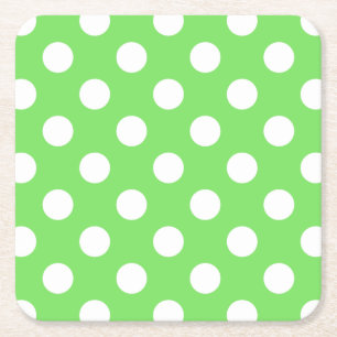 White polka dots on apple green square paper coaster