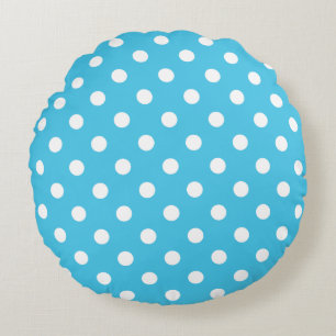 White Polka Dots on Aqua Blue Round Pillow