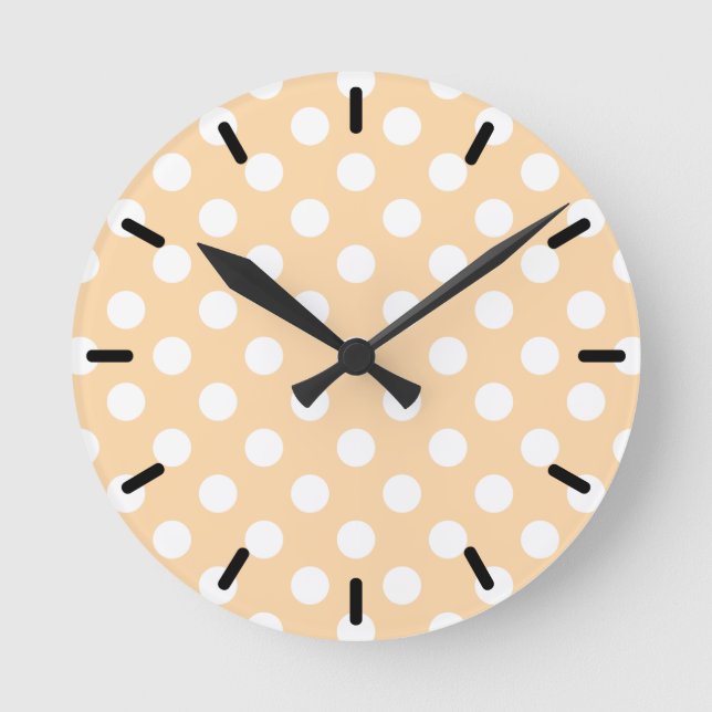 White polka dots on beige round clock (Front)