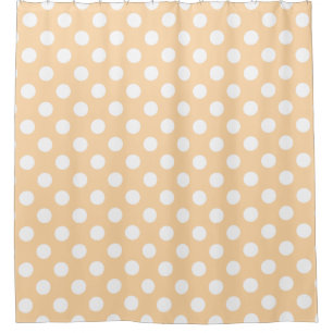 White polka dots on beige shower curtain