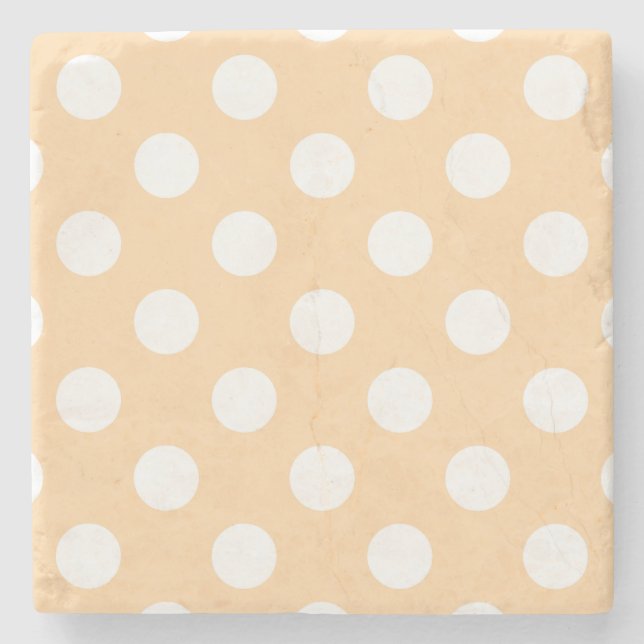 White polka dots on beige stone coaster (Front)