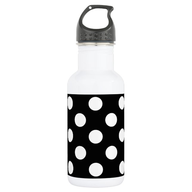 White polka dots on black 532 ml water bottle (Front)