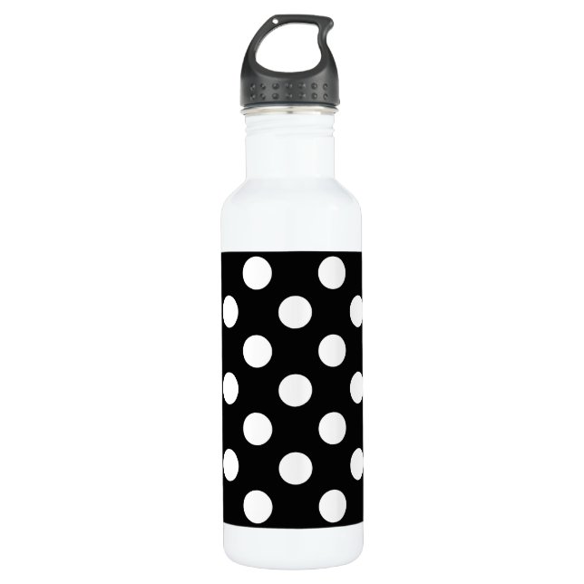 White polka dots on black 710 ml water bottle (Front)