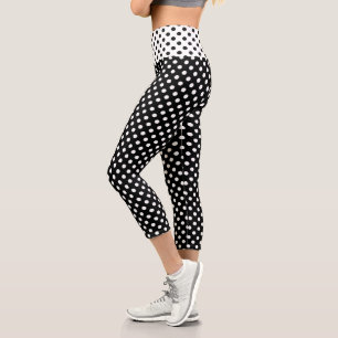 White Polka Dots on Black Background Capri Leggings