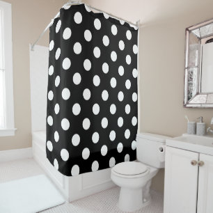 White Polka Dots on Black Background Shower Curtain