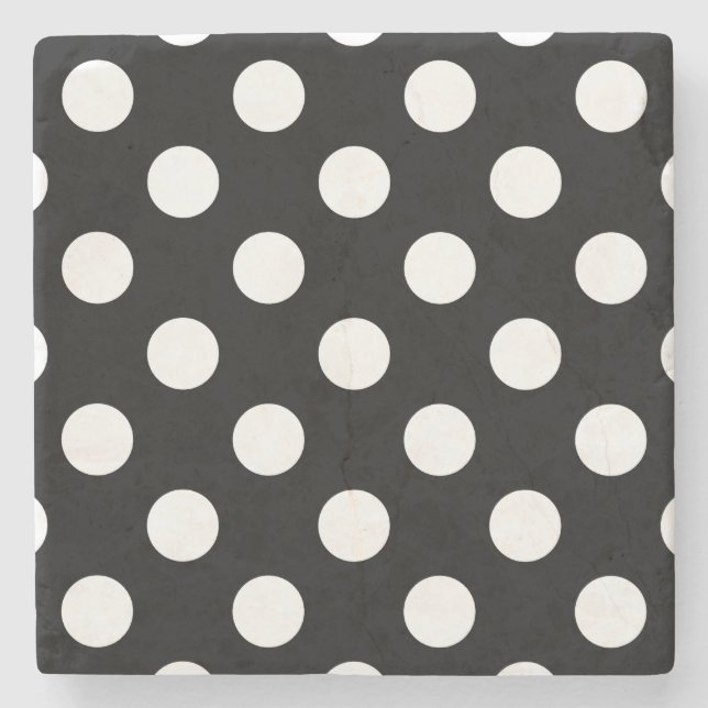 White polka dots on black stone coaster (Front)