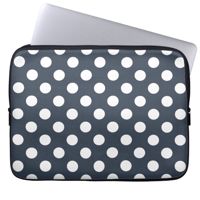 White polka dots on blue-grey laptop sleeve (Front)