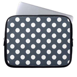 White polka dots on blue-grey laptop sleeve