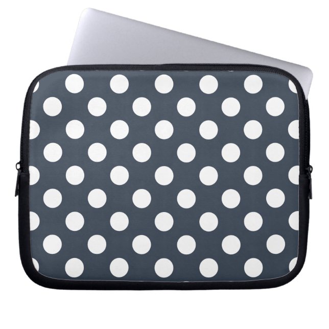 White polka dots on blue-grey laptop sleeve (Front)