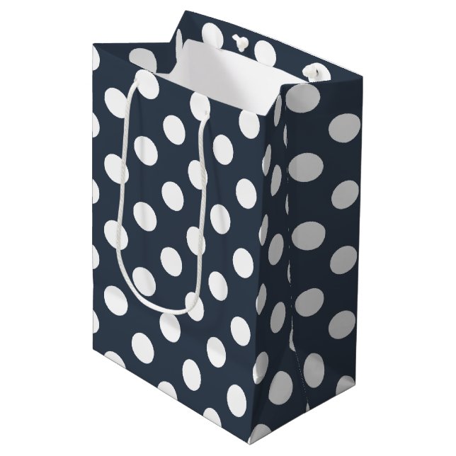 White polka dots on blue-grey medium gift bag (Front Angled)