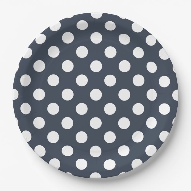 White polka dots on blue-grey paper plate (Front)