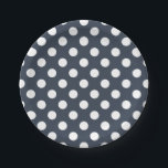 White polka dots on blue-grey paper plate<br><div class="desc">White polka dots on blue-grey</div>