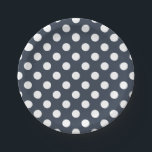 White polka dots on blue-grey paper plate<br><div class="desc">White polka dots on blue-grey</div>