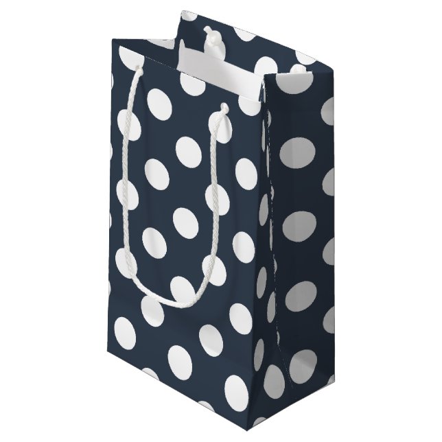 White polka dots on blue-grey small gift bag (Front Angled)