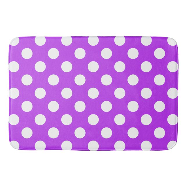 White polka dots on bright purple bath mat (Front)