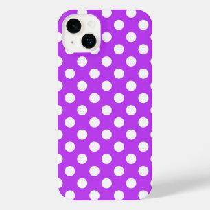 White polka dots on bright purple iPhone 14 plus case