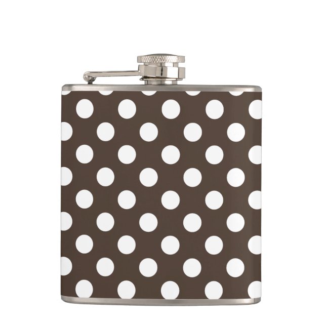 White polka dots on brown hip flask (Front)