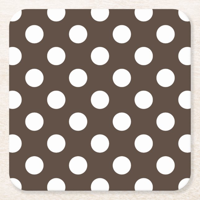 White polka dots on brown square paper coaster (Front)