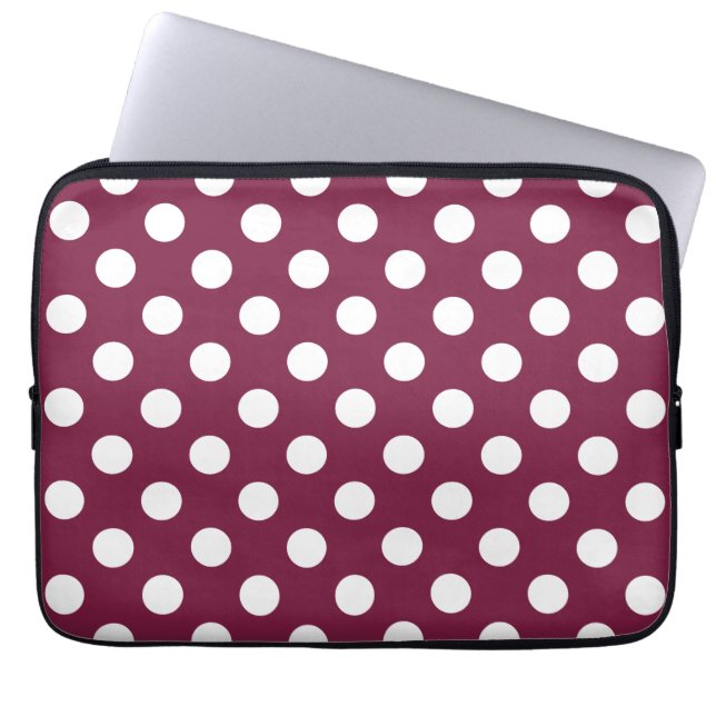 White polka dots on burgundy laptop sleeve (Front)
