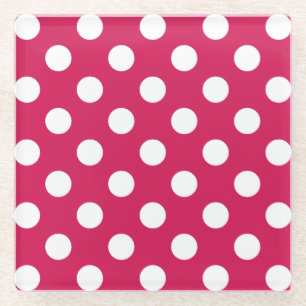 White polka dots on cerise glass coaster