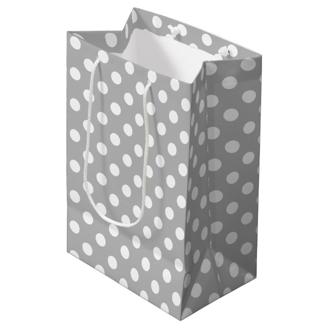 White Polka Dots on Chrome Grey Background Medium Gift Bag (Front Angled)