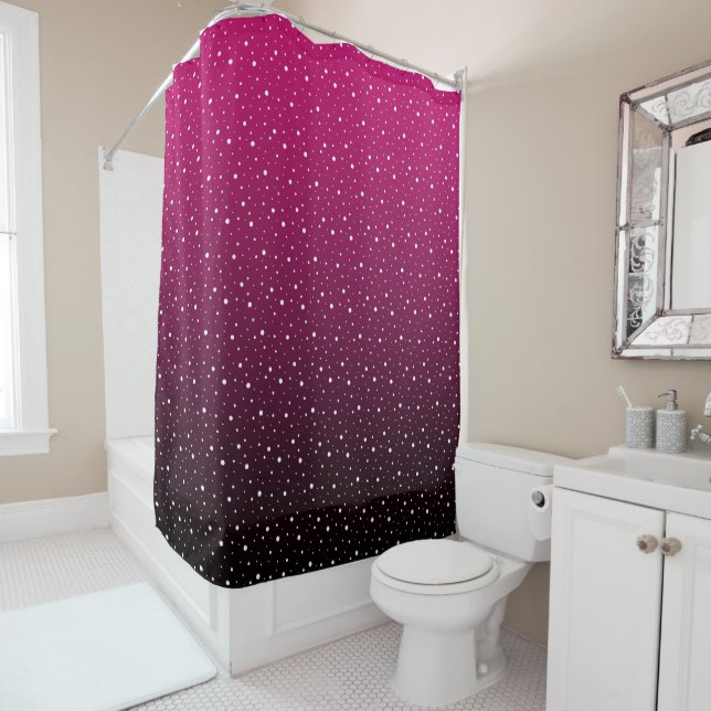 White polka dots on crimson and black gradient. shower curtain (In Situ)