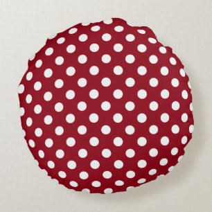 White Polka Dots on Crimson Red Round Cushion