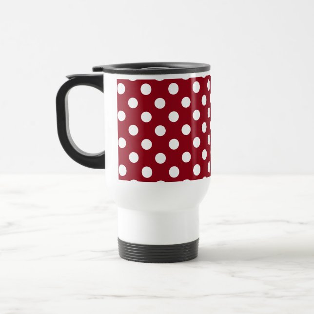 White Polka Dots on Crimson Red Travel Mug (Left)
