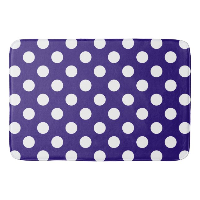 White polka dots on dark blue bath mat (Front)