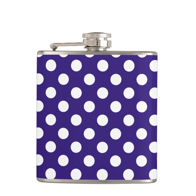 White polka dots on dark blue hip flask (Front)