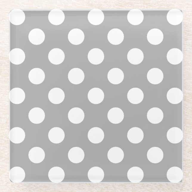 White polka dots on grey glass coaster (Front)