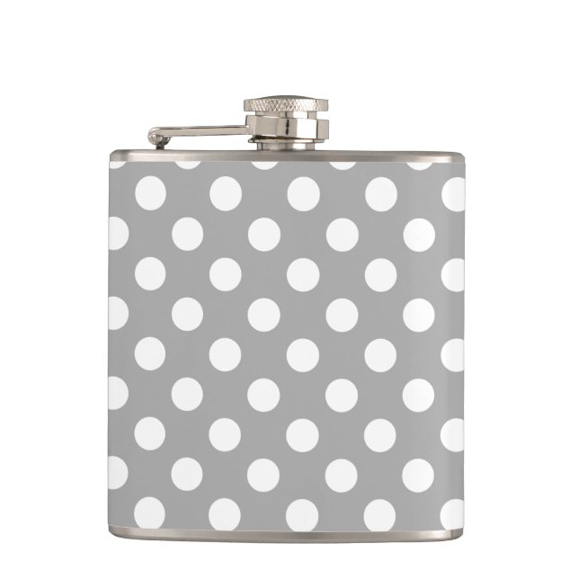 White polka dots on grey hip flask (Front)