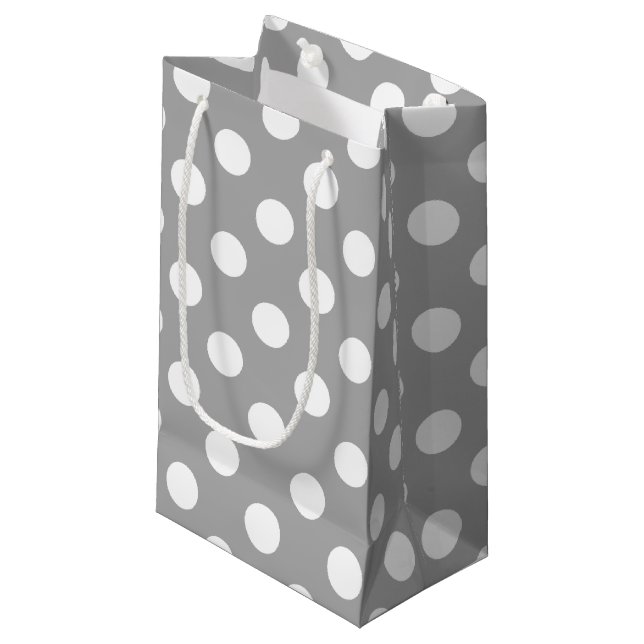 White polka dots on grey small gift bag (Front Angled)