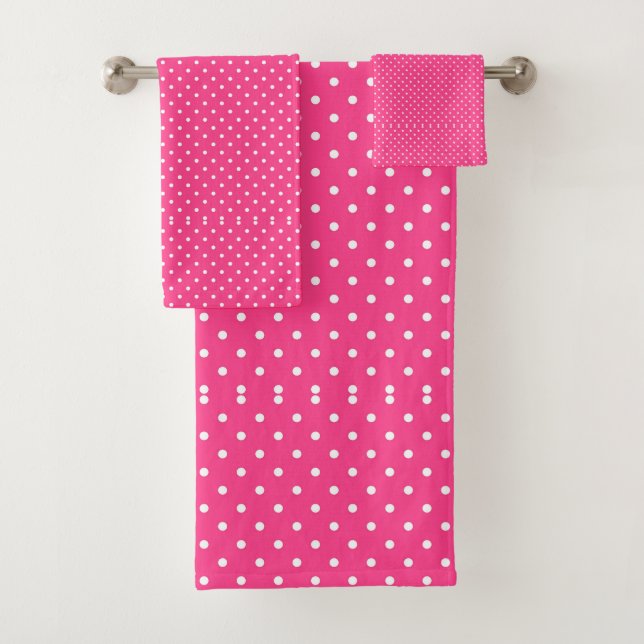 White Polka Dots On Hot Pink  Bath Towel Set (Insitu)