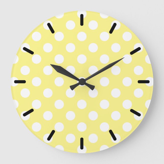 White polka dots on lemon yellow large clock (Front)