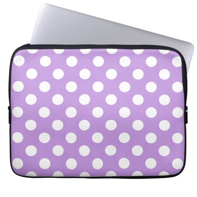 White polka dots on lilac laptop sleeve (Front)